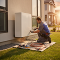 Professional HVAC technician installing a heat pump unit